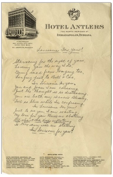 Moe Howard Handwritten Poem to His Wife Entitled ''Lonesome For You!'' -- On 6'' x 9.5'' Hotel Antlers Stationery From Indianapolis, Circa 1930s -- Very Good